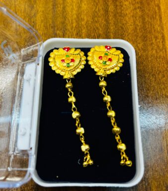 Traditional Gold-Plated Long Drop Earrings with Heart Motif – Ethnic Jhumka Style for Women