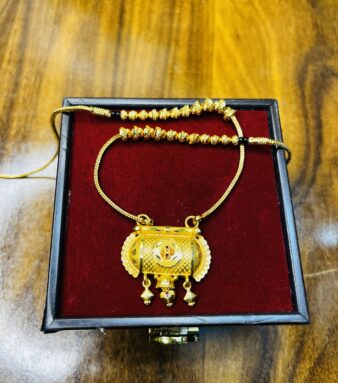 Traditional Gold-Plated Mangalsutra with Antique Pendant – Ethnic Temple Design