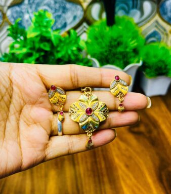 Gold-Plated Floral Pendant Set with Earrings – Traditional Red Stone Design for Women