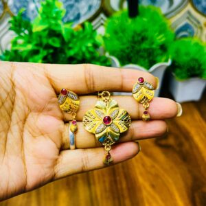 Gold-Plated Floral Pendant Set with Earrings – Traditional Red Stone Design for Women