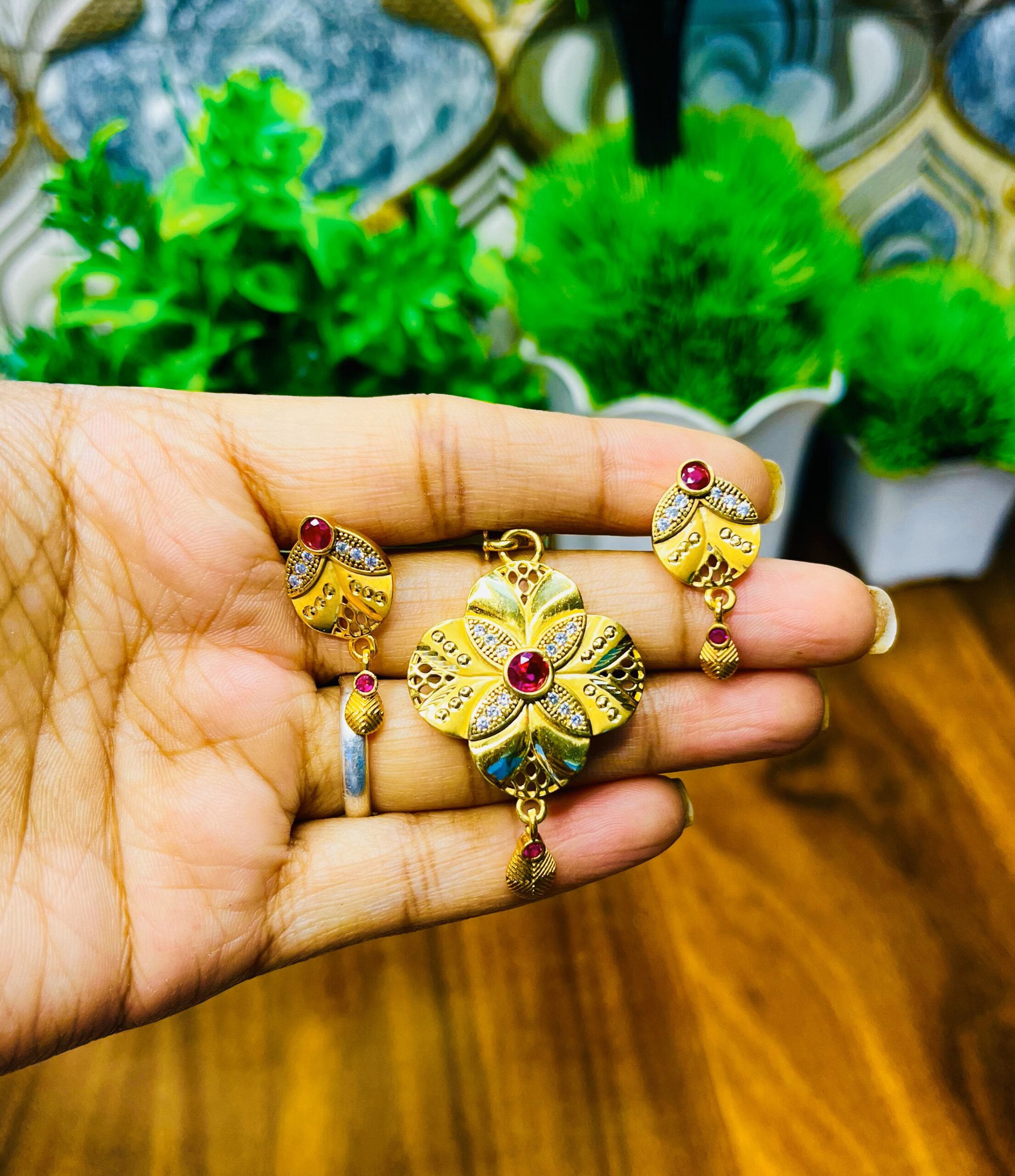 Gold-Plated Floral Pendant Set with Earrings – Traditional Red Stone Design for Women