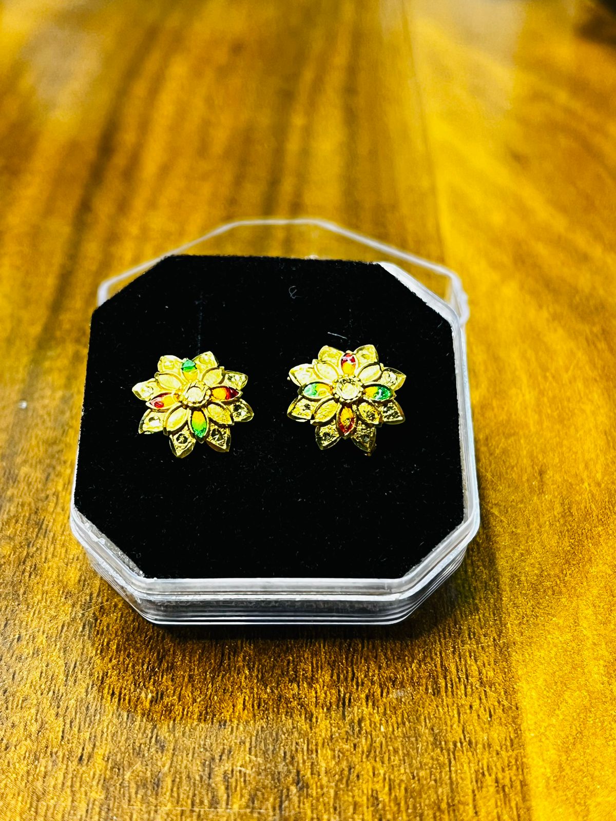 Gold-Plated Floral Stud Earrings with Multicolor Stones – Elegant Traditional Jewelry for Women